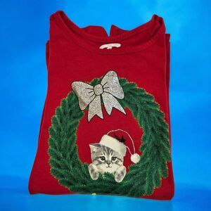 Girls Holiday Long Sleeve Lg 10-12 T-Shirt Christmas Kitty Cat Wreath Ornaments
